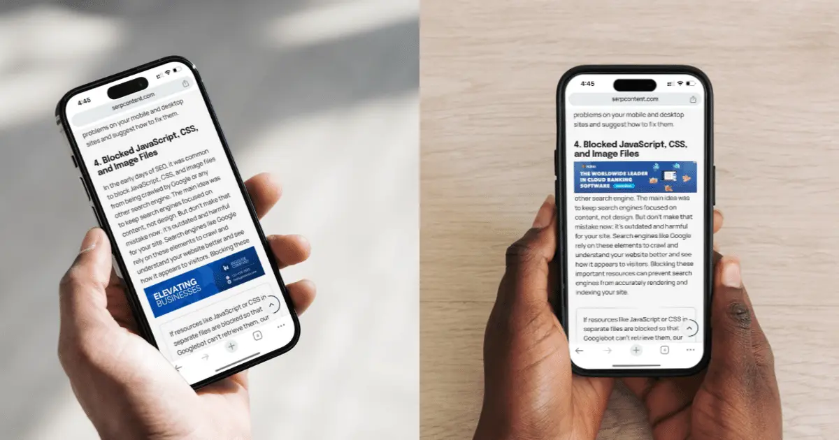 A side-by-side comparison of a mobile website with blocked JavaScript and CSS on a phone screen.