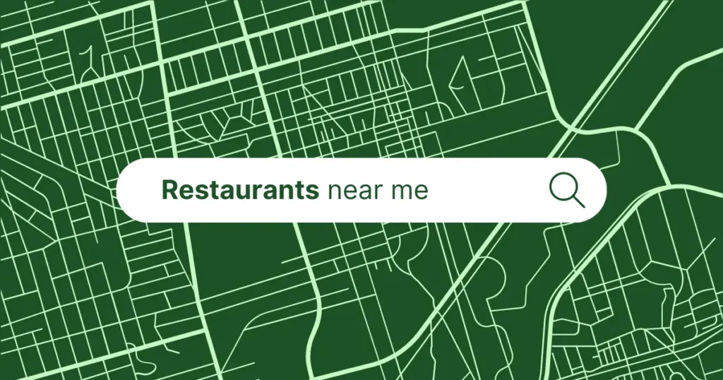 A map with a search bar containing the text 'Restaurants near me'.