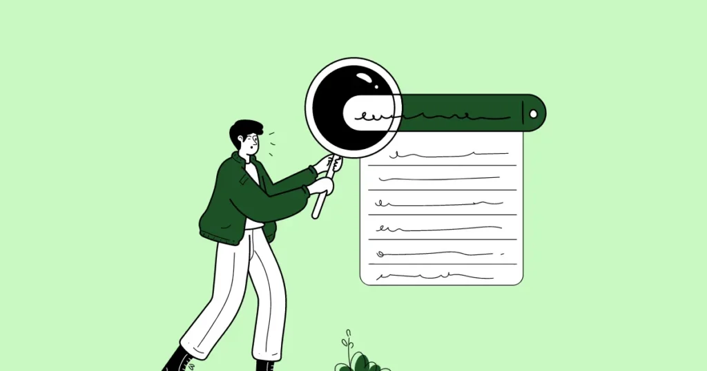 An illustration of a person using a giant magnifying glass to inspect a document.